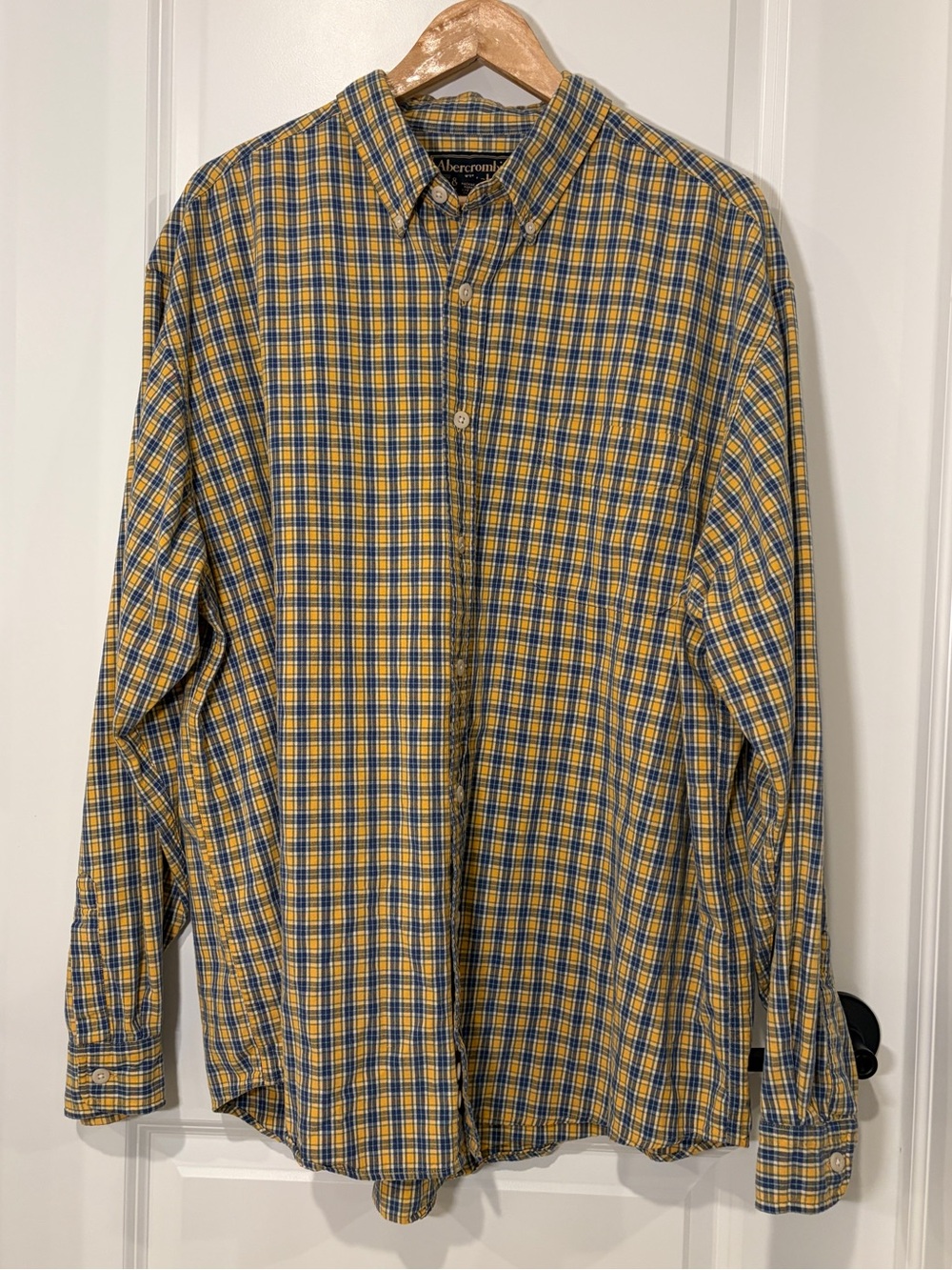 VTG 1990s Abercrombie & Fitch Plaid Button Down Shirt Yellow Blue Mens Size L